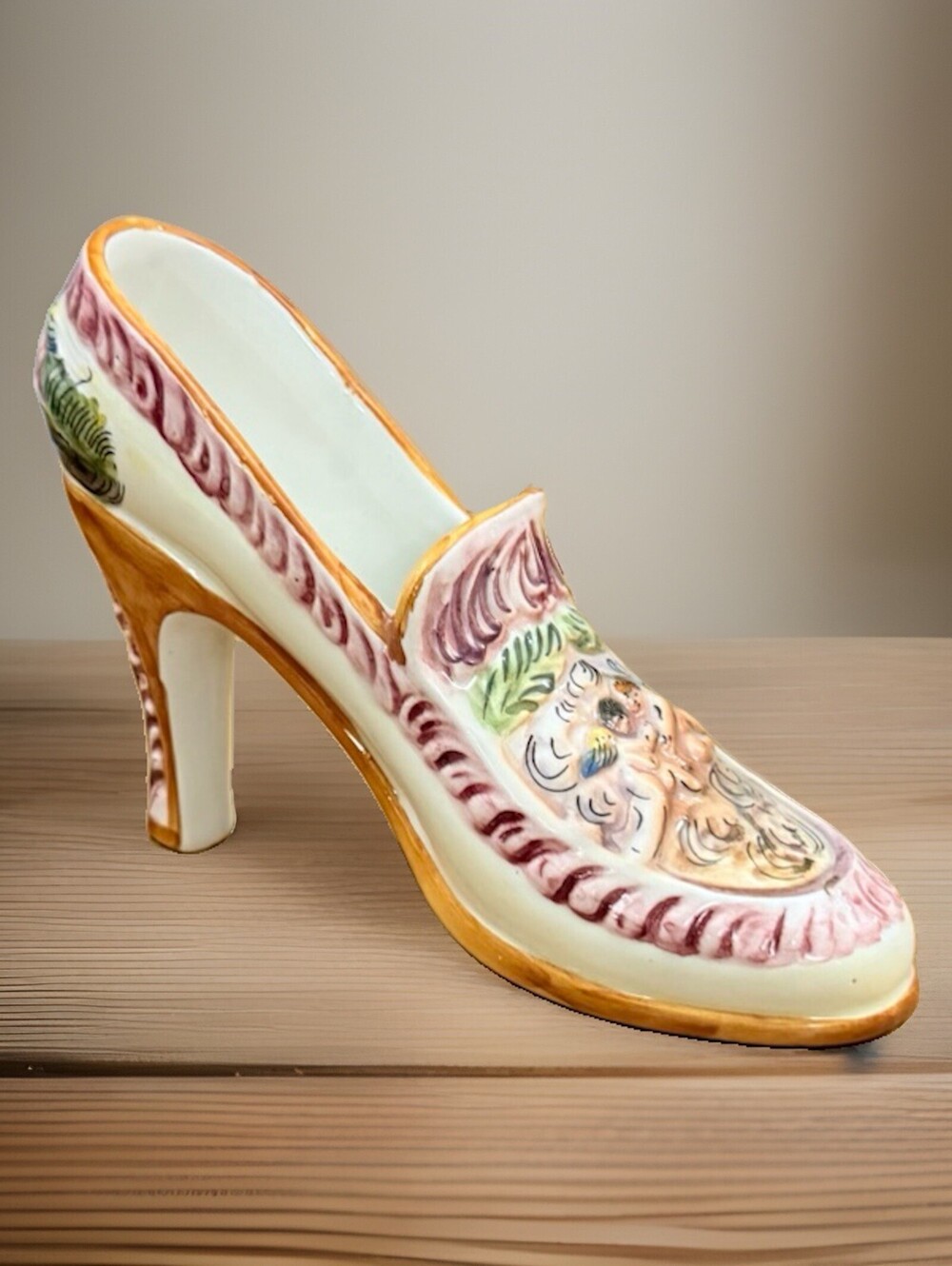 Vintage Collectible Capodimonte Ceramic Hand Painted Pink Shoe Italy  5"T 1960s